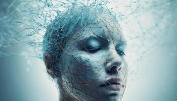 Young adult woman, futuristic beauty in blue generated by AI photo