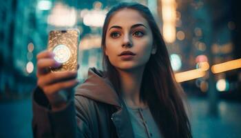 One young woman looking elegant outdoors at night generated by AI photo