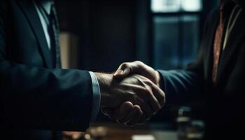 Men shaking hands in successful business agreement generated by AI photo