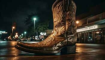 brillante cuero botas iluminar el noche calles generado por ai foto