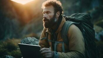 Bearded backpacker explores nature with digital tablet generated by AI photo