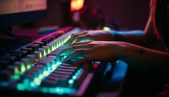 Nightclub stage illuminated by blue lighting equipment generated by AI photo