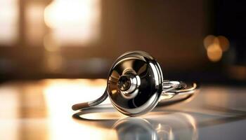 Shiny stethoscope on wooden table, healthcare concept generated by AI photo