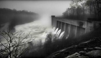Foggy bridge over hydroelectric rapid supplies power generated by AI photo