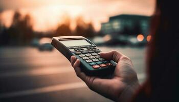 A businessman holds a calculator, counting finances generated by AI photo