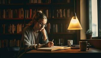 Young woman reading textbook in home library generated by AI photo