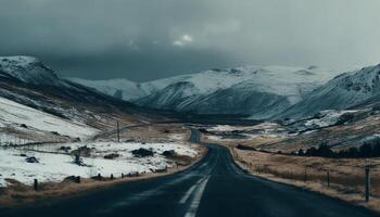 Driving through mountain range, vanishing point ahead generated by AI photo