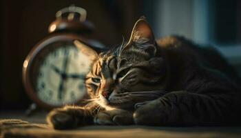 Small striped kitten napping on yellow pillow generated by AI photo