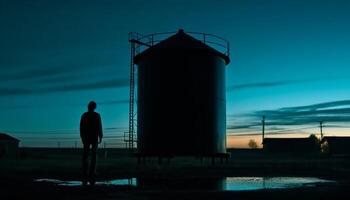 Silhouette of businessman standing near fuel storage tank generated by AI photo