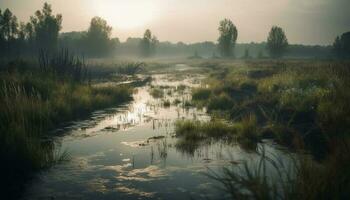 tranquilo escena, reflexión en estanque, rodeado por naturaleza generado por ai foto