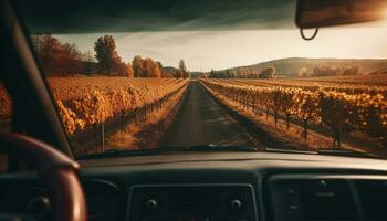 Driving through countryside, sunset sky reflecting freedom generated by AI photo