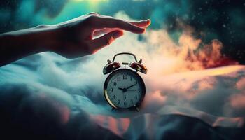 Hand pointing to midnight alarm clock rings generated by AI photo