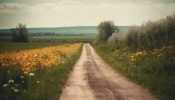 Yellow wildflowers bloom in serene rural landscape generated by AI photo