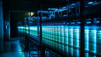 resumen futurista fábrica ilumina moderno azul metal maquinaria generado por ai foto