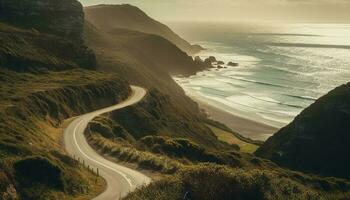 Winding road curves through idyllic coastal landscape generated by AI photo