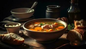 caliente comida de sopa, pan, y carne generado por ai foto