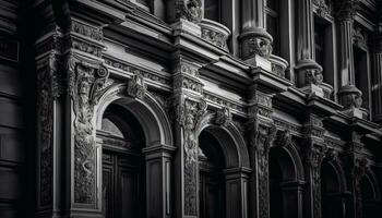 Ornate cathedral arch entrance in black and white generated by AI photo