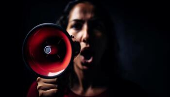 One young woman shouting announcement in protest generated by AI photo