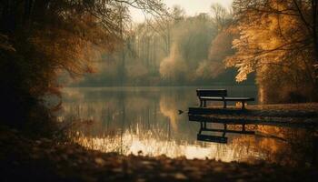 tranquilo escena, sentado en banco reflejando naturaleza belleza generado por ai foto