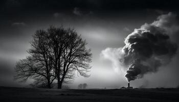 Spooky tree silhouette, ominous atmosphere, foggy night generated by AI photo