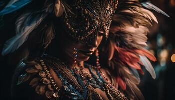 Beautiful young woman dances in traditional Brazilian costume generated by AI photo