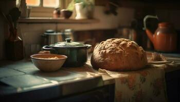 Homemade bread baked with organic flour indoors generated by AI photo