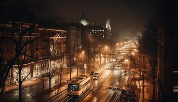 Illuminated skyscrapers blur, snow falls on city streets generated by AI photo