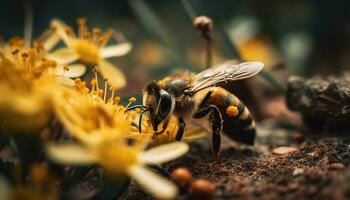 Busy bee pollinates yellow flower in nature generated by AI photo