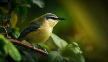 Small songbird perching on green leaf branch generated by AI photo