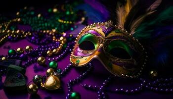 Masquerade mask, feather, bead Mardi Gras celebration generated by AI photo