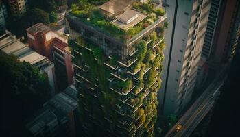 Skyscrapers rise, city hums nature thrives nearby generated by AI photo