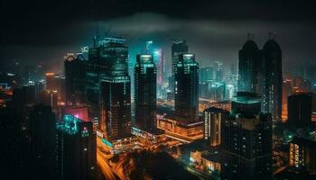 rascacielos iluminar urbano horizonte en medio de azul crepúsculo resplandor generado por ai foto