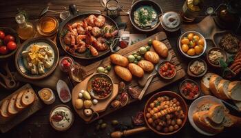 Grilled meat and vegetables on wooden table generated by AI photo