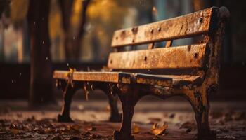 Tranquil autumn sunset on abandoned rustic bench generated by AI photo