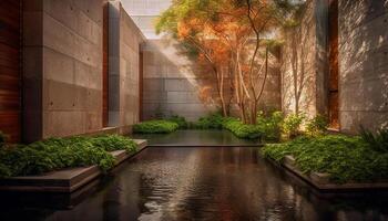 Tranquil scene of modern architecture by pond generated by AI photo