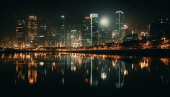 ciudad horizonte brilla a noche, reflejando en agua generado por ai foto