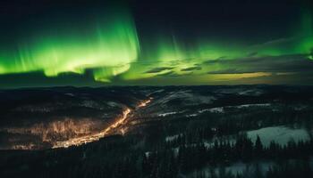 majestuoso montaña pico iluminado por Aurora estrella polar generado por ai foto