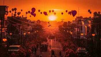 brillante amarillo ciudad horizonte, retroiluminado por puesta de sol generado por ai foto