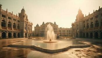 Seville famous monuments illuminated at twilight reflect elegance generated by AI photo