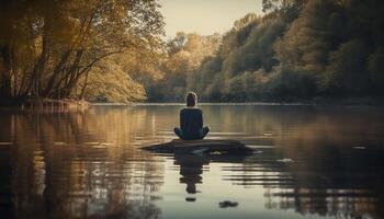 One person meditates outdoors in tranquil nature generated by AI photo