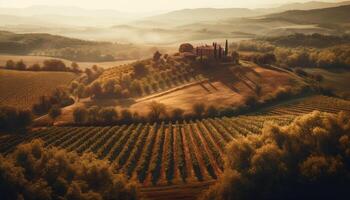 Rustic vineyard landscape at dawn in Chianti region generated by AI photo