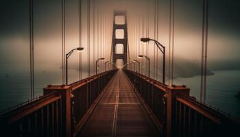 Suspension bridge illuminated at dusk over water generated by AI photo