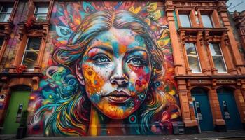 Vibrant city graffiti paints cultures in vivid colors generated by AI photo