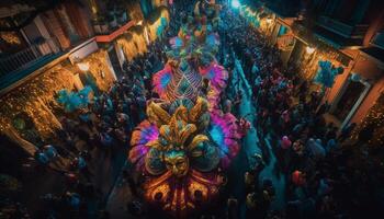 Multi colored lanterns illuminate the crowded night parade generated by AI photo