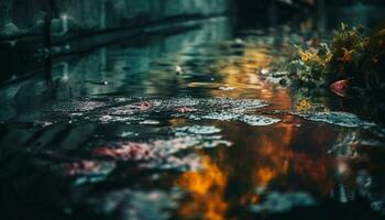 reflexión de árbol en estanque, tranquilo otoño escena generado por ai foto
