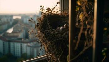 naturaleza crecimiento en arquitectura crea pájaro nido generado por ai foto