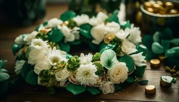 mesa decoración elegante flor acuerdo, Fresco y lujoso generado por ai foto