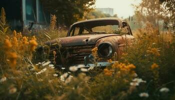 Clásico coche estrellado en abandonado rural prado generado por ai foto