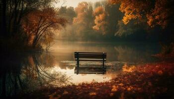 Tranquil autumn reflections on forest pond bench generated by AI photo