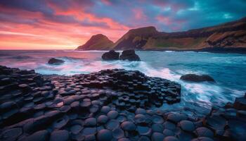 Multi colored sky reflects on tranquil water edge generated by AI photo